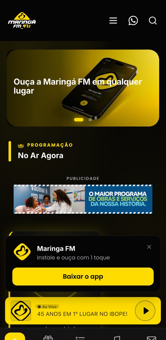 Aplicativo da Maringá FM aberto no celular