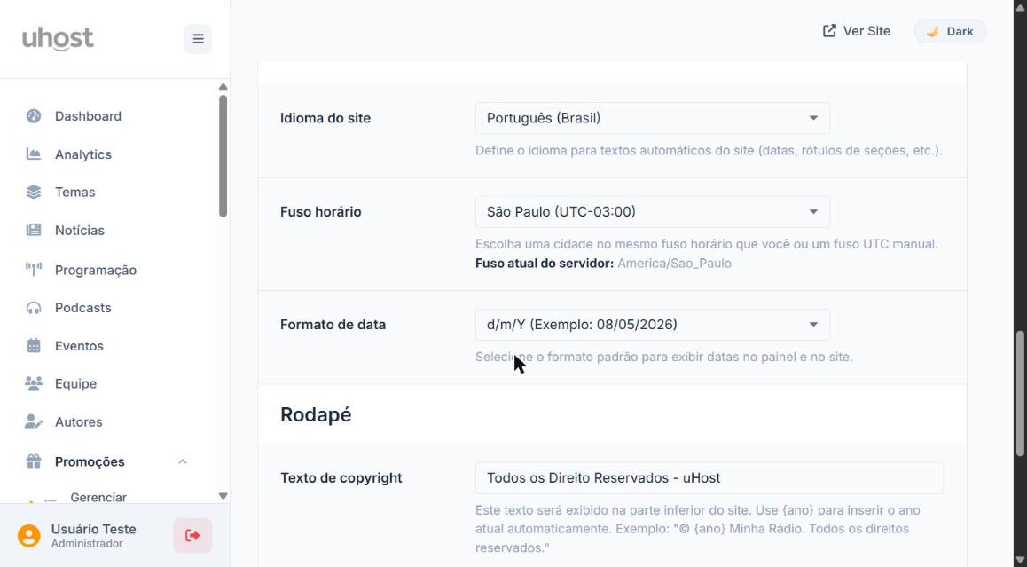 Idioma, Fuso Horário, Formato de Data e Rodapé