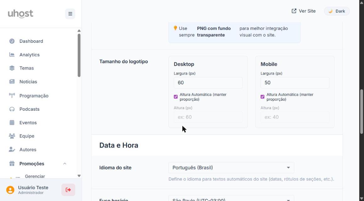 Tamanho do Logotipo Desktop/Mobile e Data e Hora