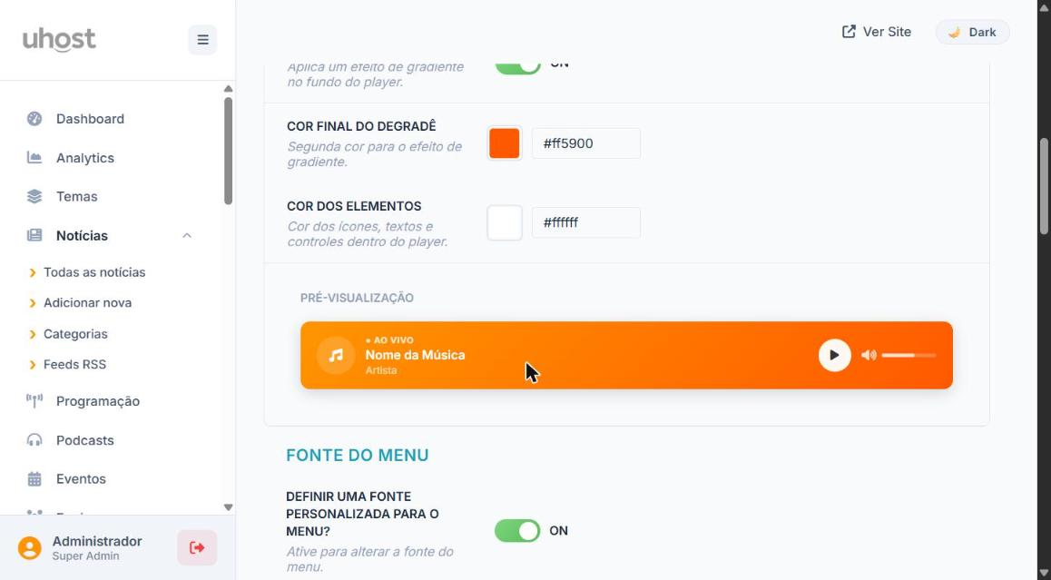 Cor do Player com Degraê e Pré-visualização