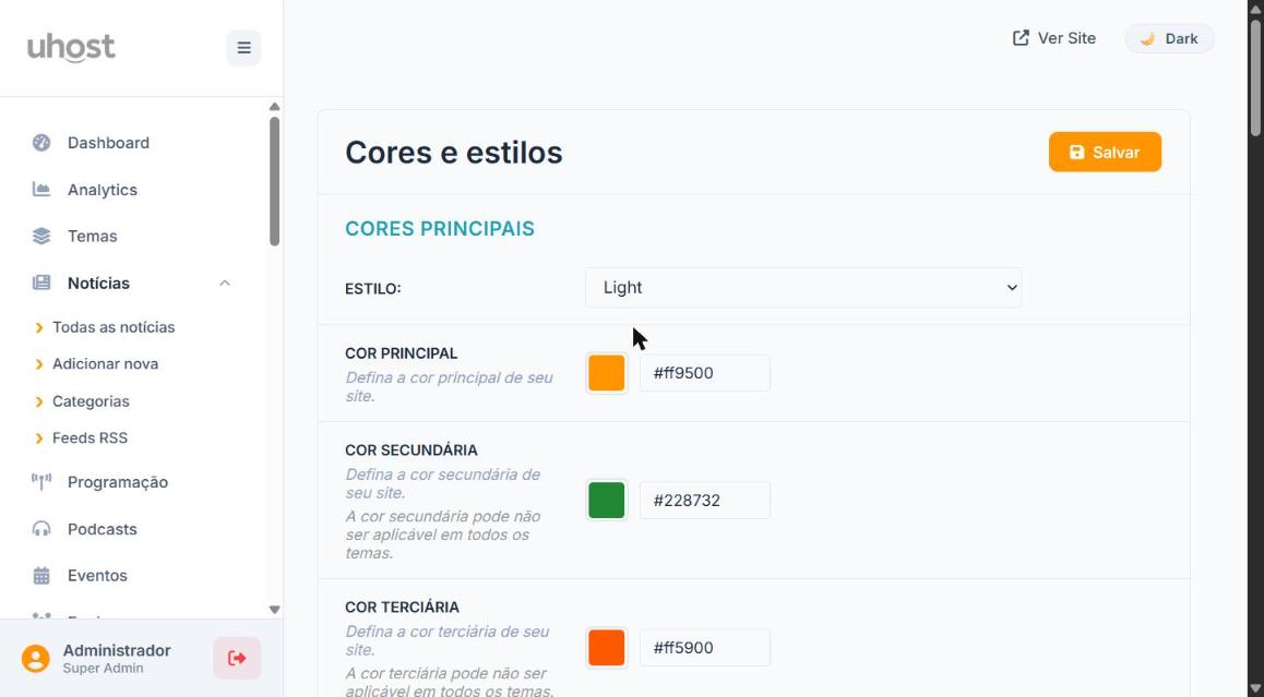 Cores Principais e Estilo Light/Dark