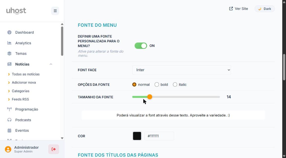 Fonte do Menu com Font Face, Tamanho e Cor
