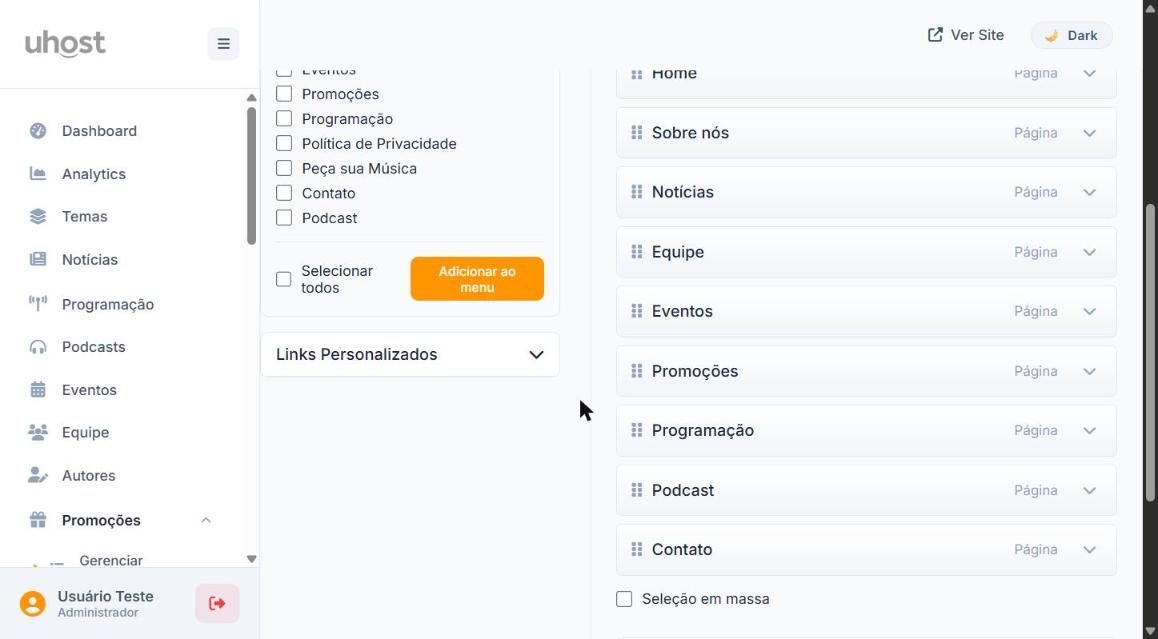 Adicionar itens e estrutura do menu