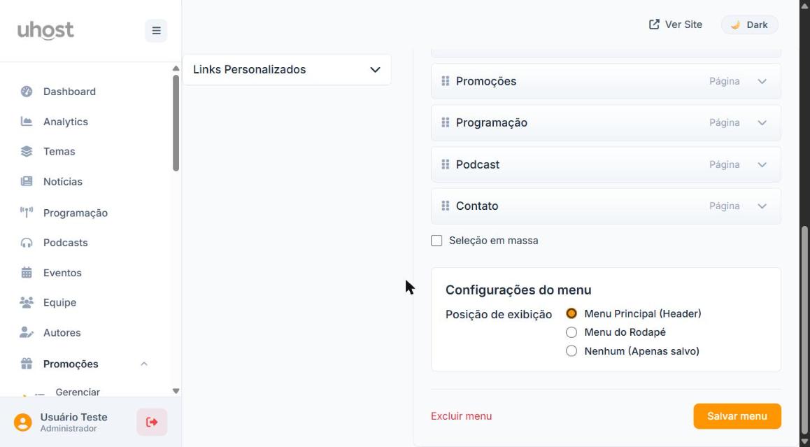 Configurações do menu com posição de exibição