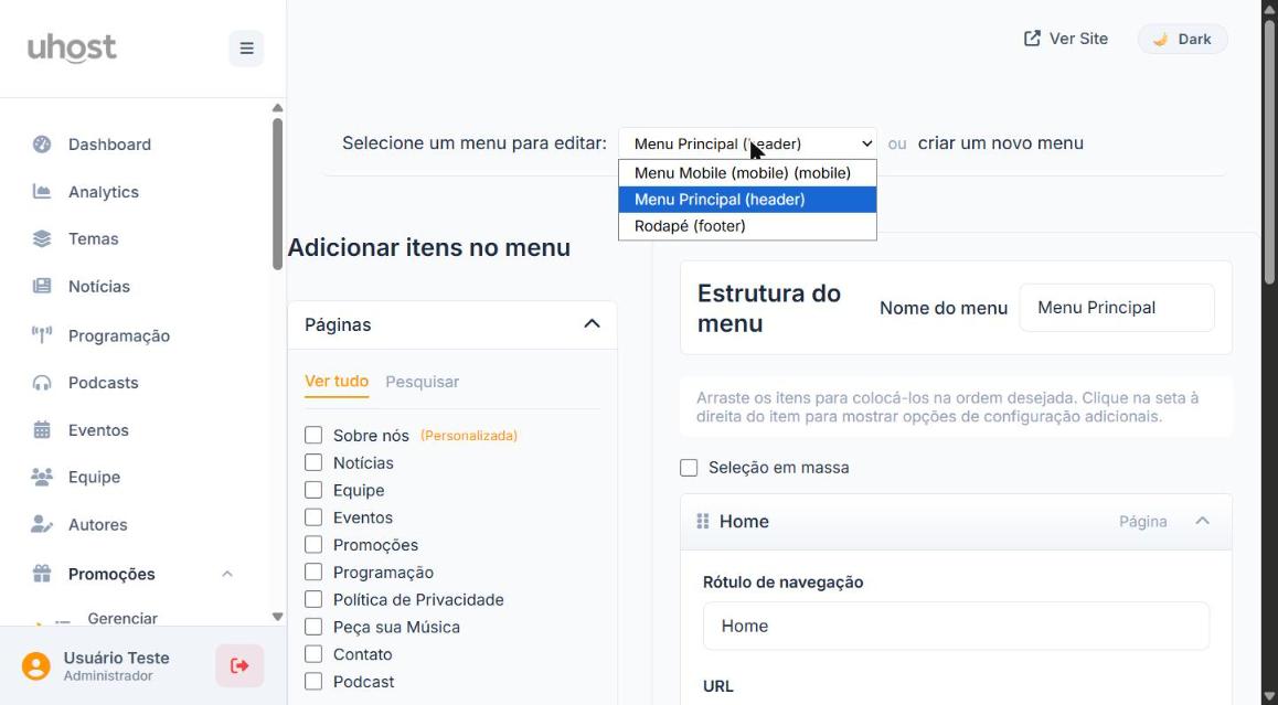 Dropdown com os 3 tipos de menu disponíveis