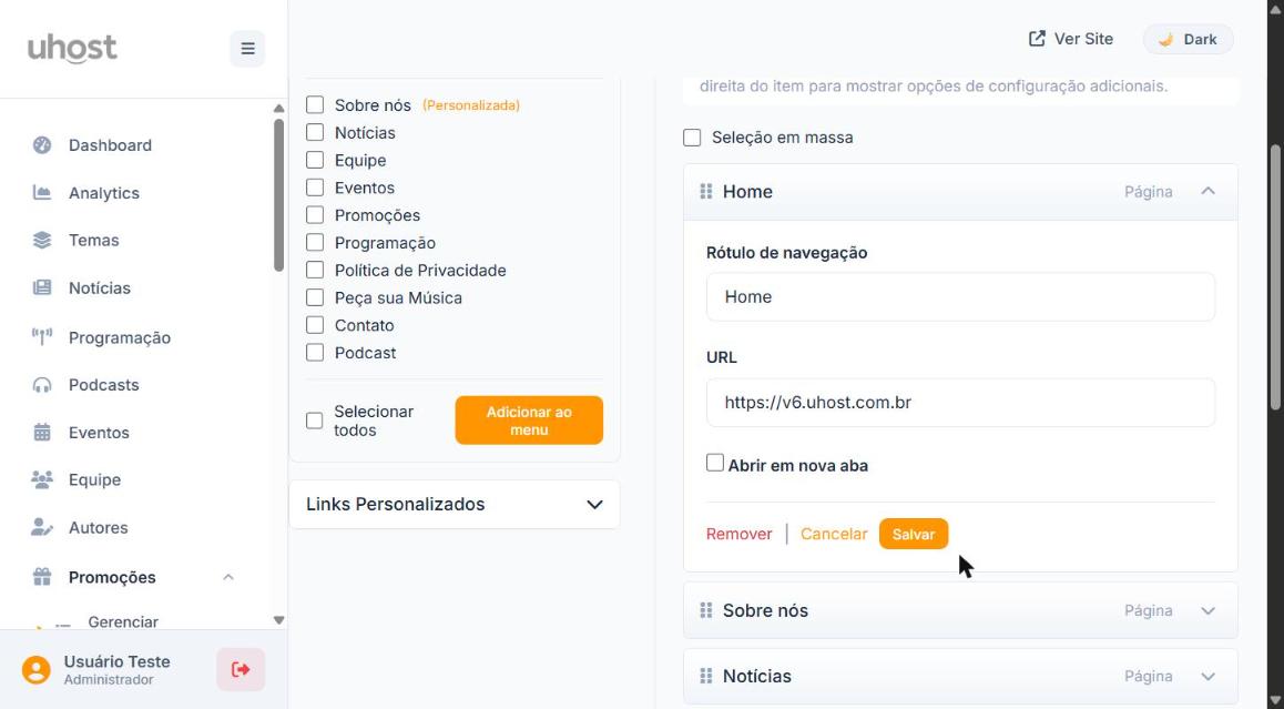 Item do menu expandido e Links Personalizados