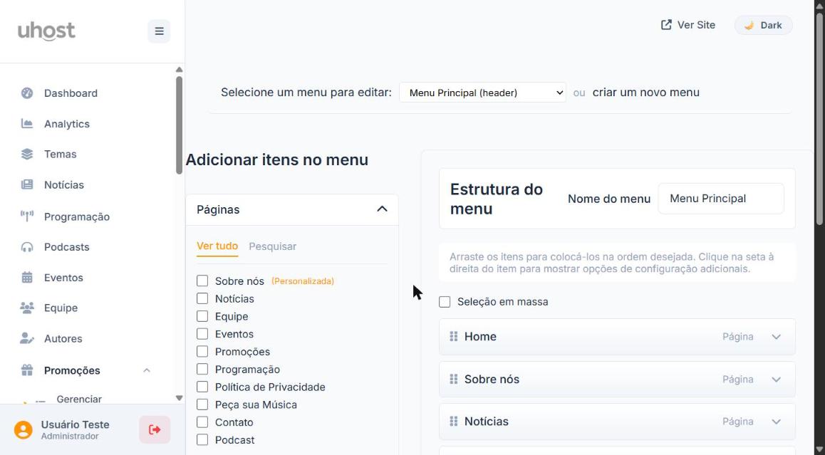 Tela principal de Menus
