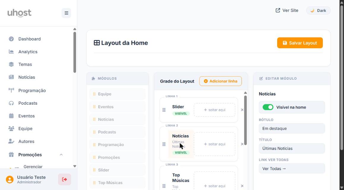 Painel Editar Módulo aberto, mostrando o toggle Visível na home ativo e os campos de Rótulo, Título e Link Ver Todas