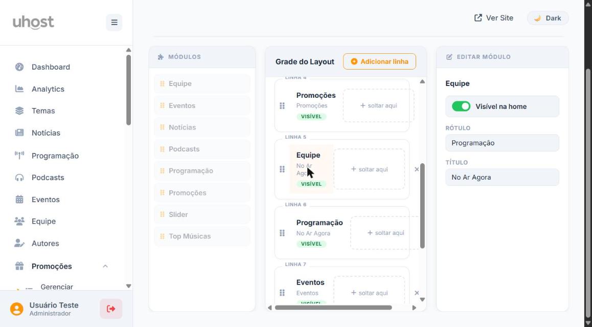 Painel Editar Módulo com campos de Rótulo e Título preenchidos para o módulo Equipe