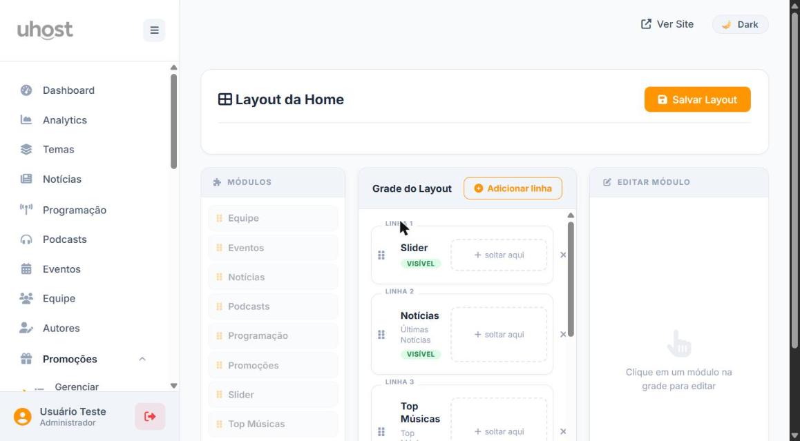 Visão geral do menu Módulos com os três painéis: lista de módulos, grade do layout e editar módulo