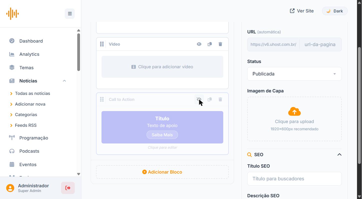 Bloco Call to Action em modo preview
