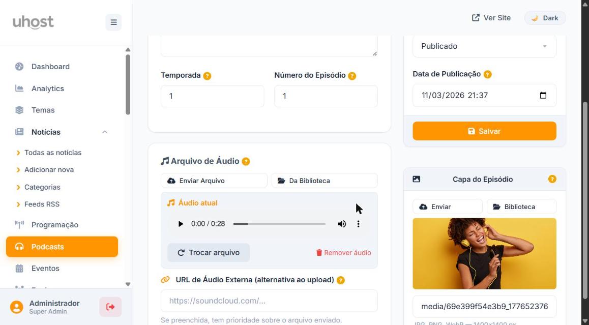 Seção de Arquivo de Áudio na edição do episódio - player, opção de trocar ou remover