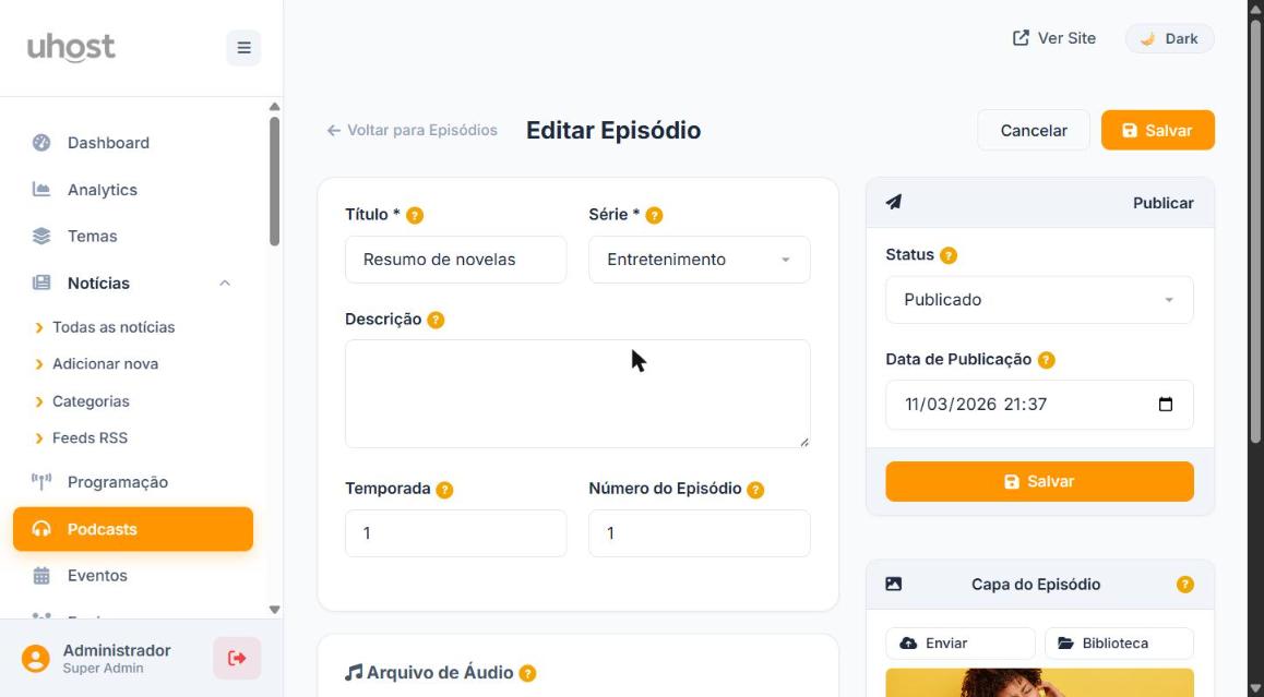 Página de edição de episódio com todos os campos disponíveis