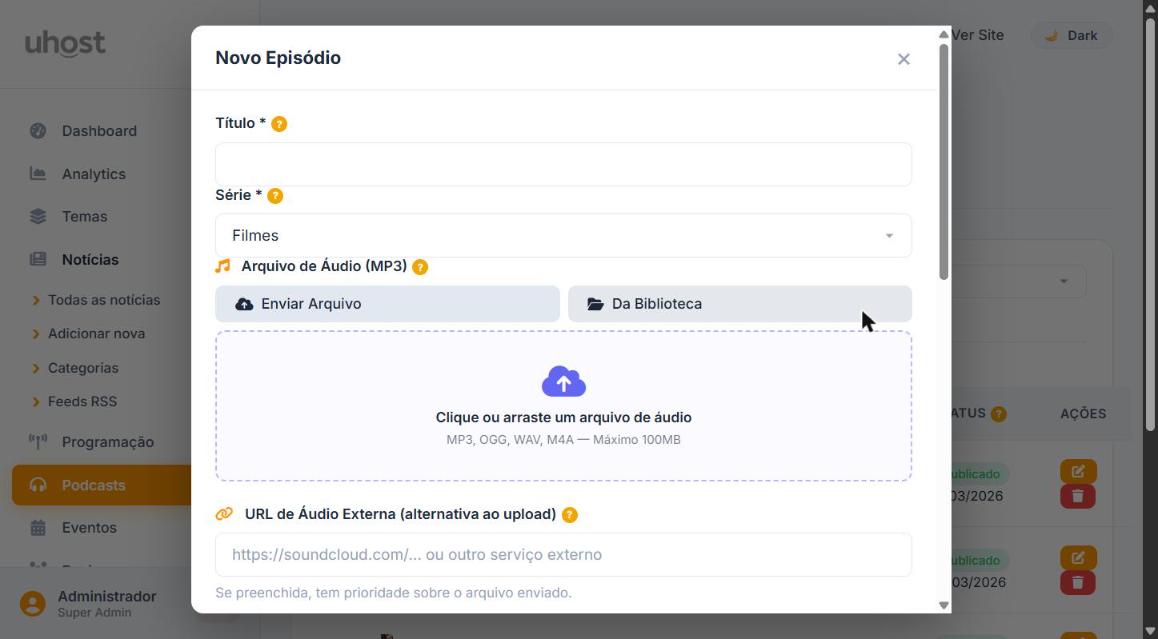 Formulário de criação de Novo Episódio - campos iniciais