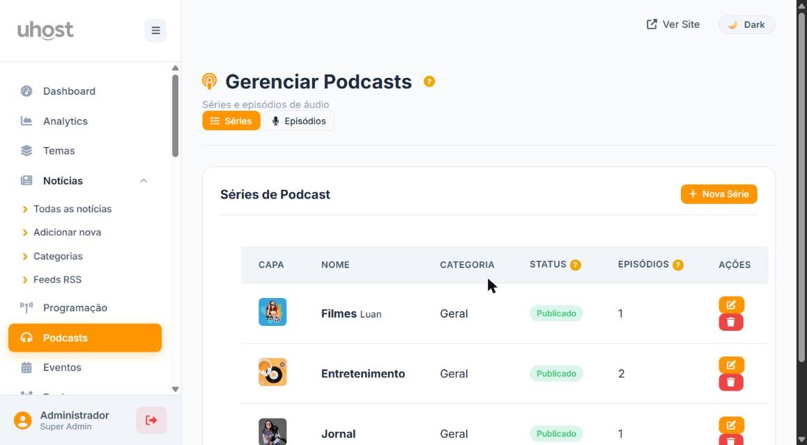 Tela principal do menu Podcasts - listagem de Séries
