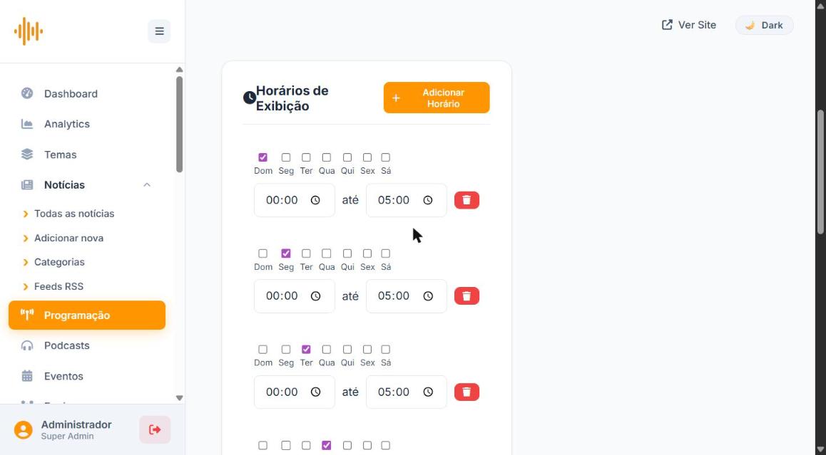 Horários por dia da semana