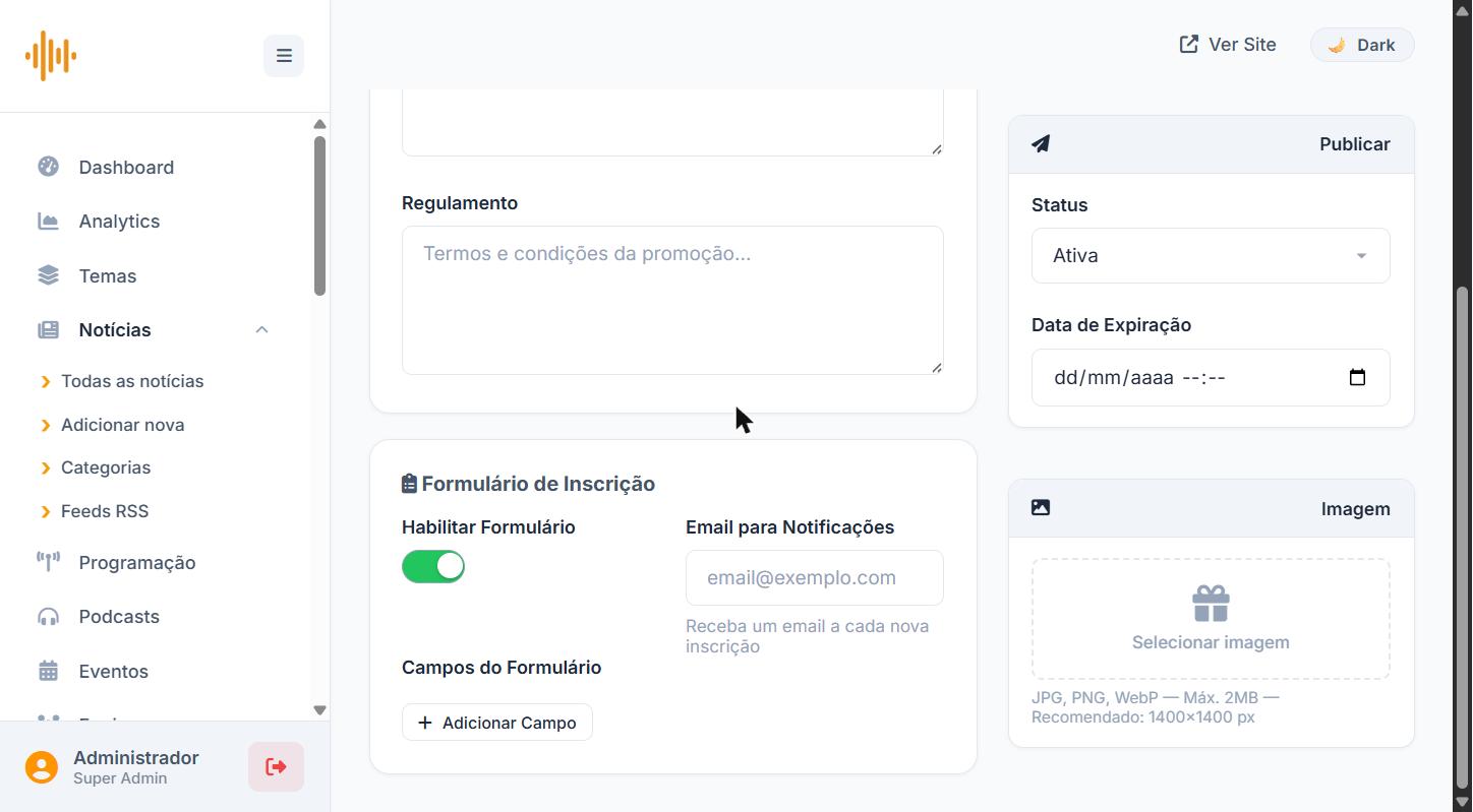 Seção de Formulário de Inscrição e configuração de e-mail