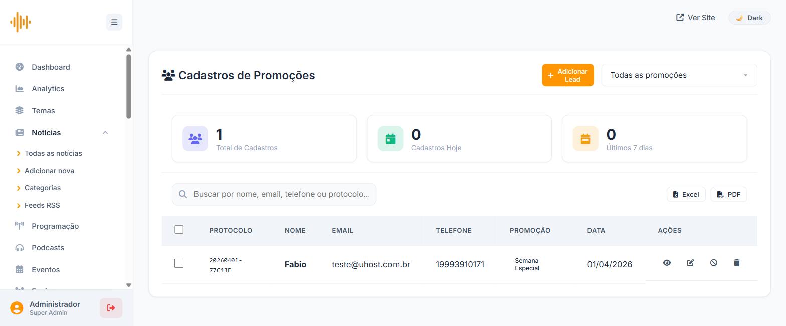 Tela de cadastros de participantes das promoções