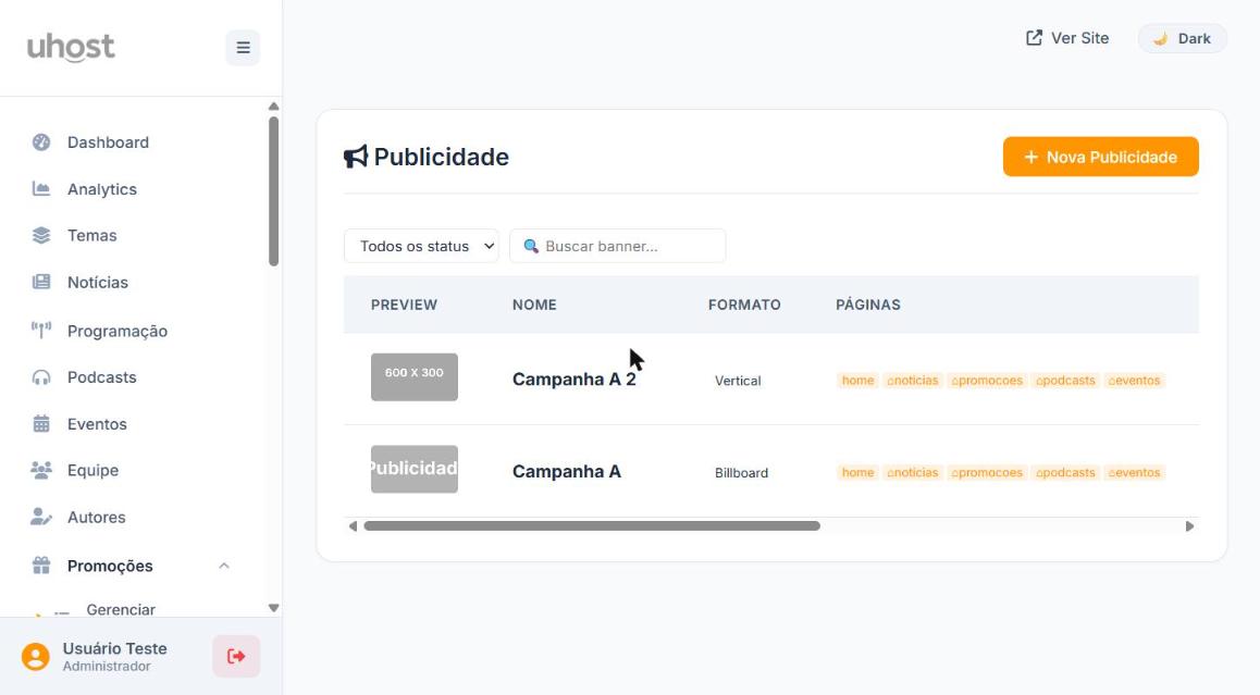 Lista de campanhas publicitárias cadastradas no painel