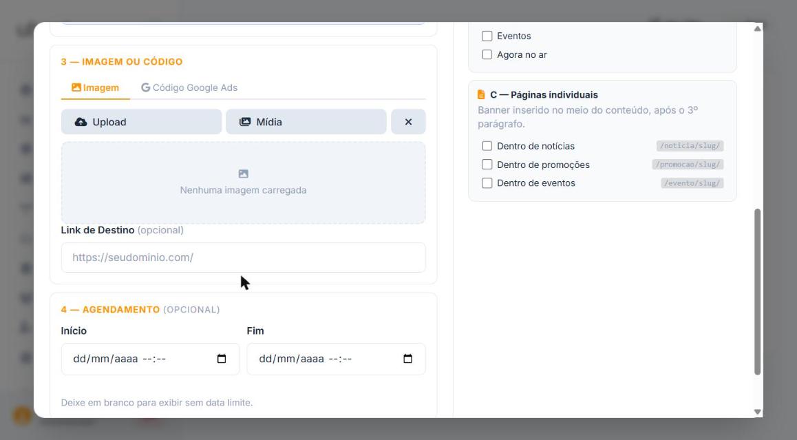 Formulário de criação de nova publicidade — Imagem, Agendamento e Páginas Individuais