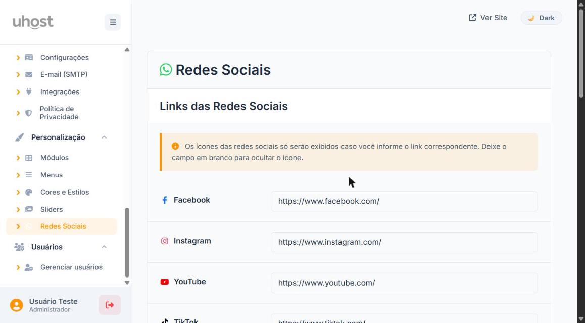 Links das Redes Sociais - Facebook, Instagram, YouTube