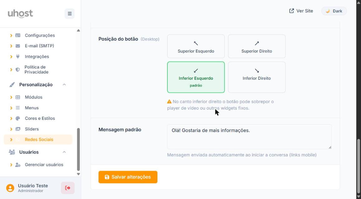 WhatsApp - Mensagem padrão e botão Salvar