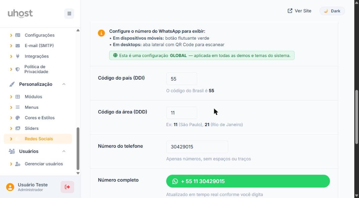 Configurações do WhatsApp - DDI, DDD e número do telefone