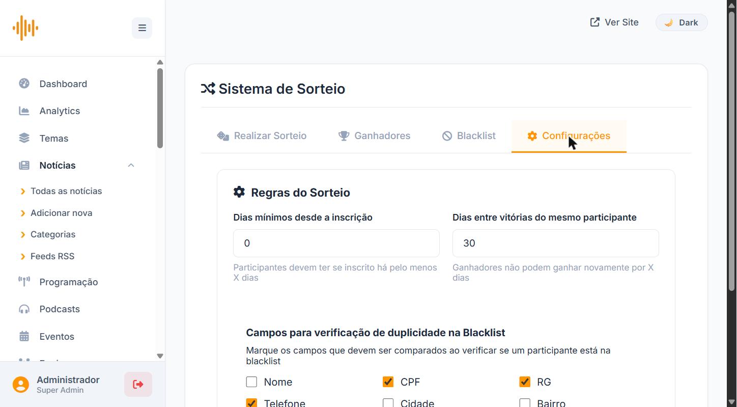 Aba Configurações com regras do sorteio