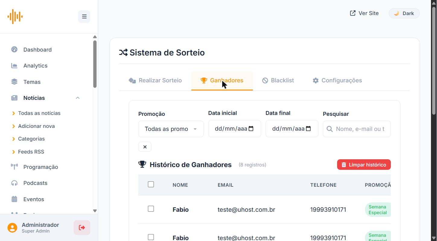 Aba Ganhadores com histórico de sorteios