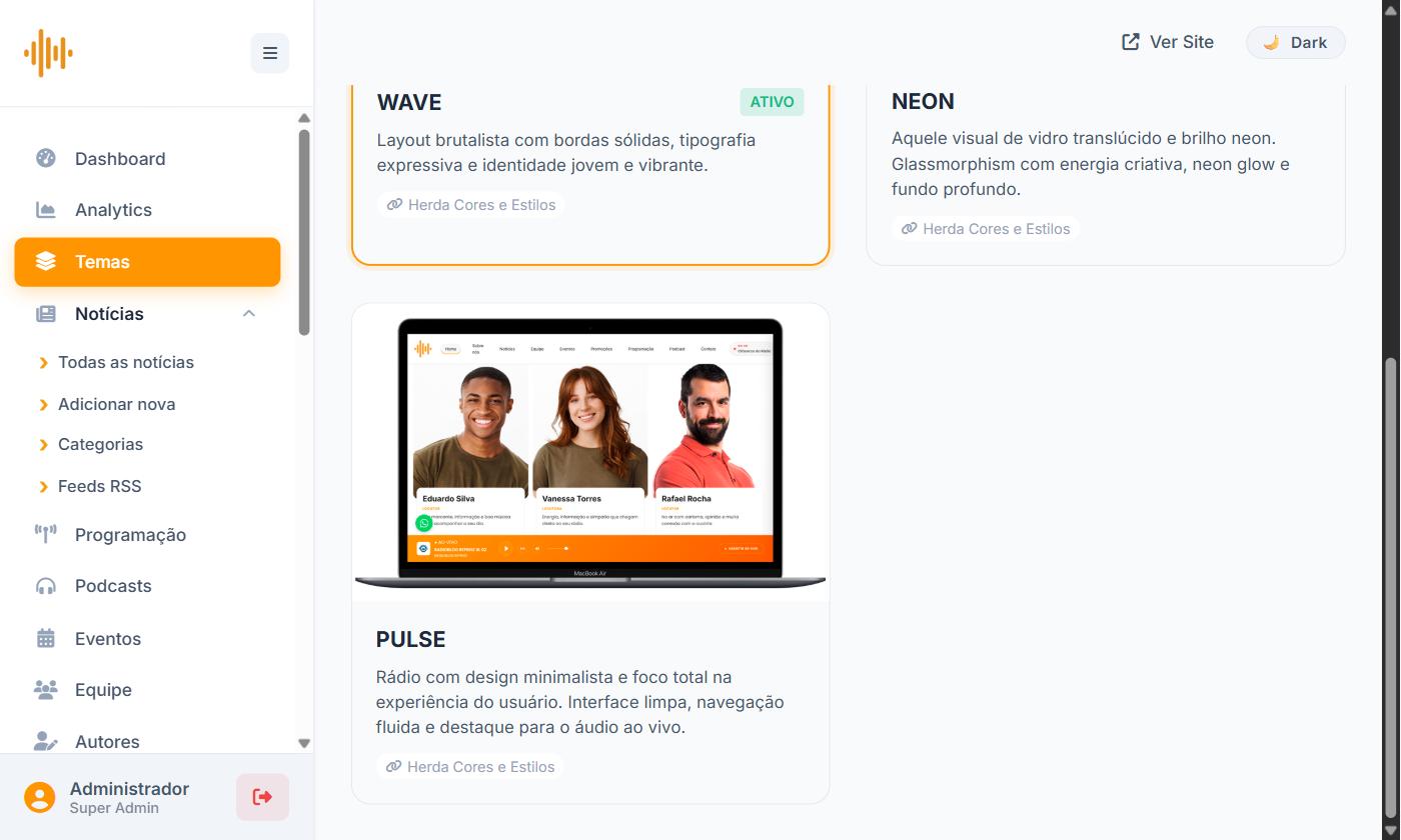 Todos os temas disponíveis: WAVE, NEON e PULSE