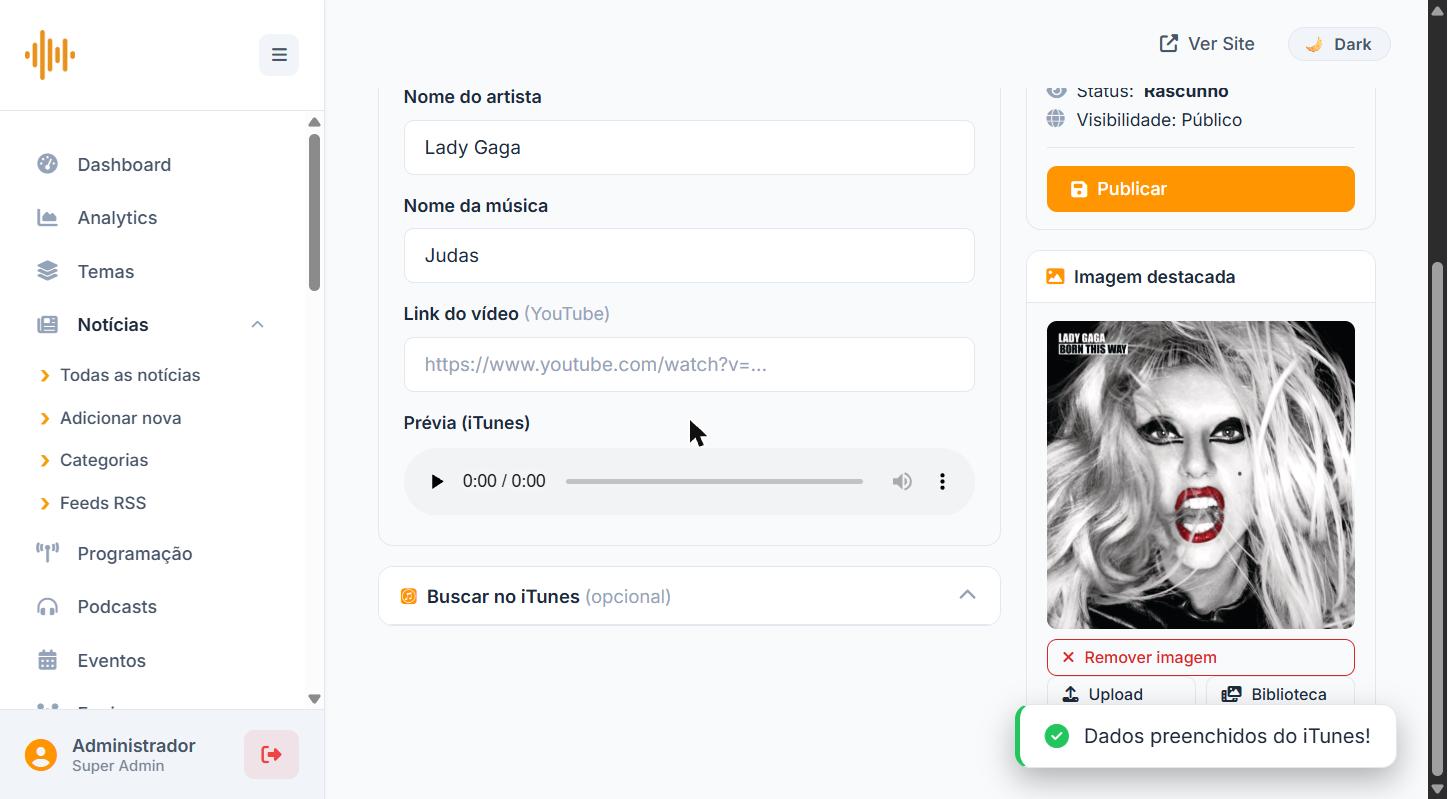 Campos preenchidos automaticamente após selecionar música no iTunes