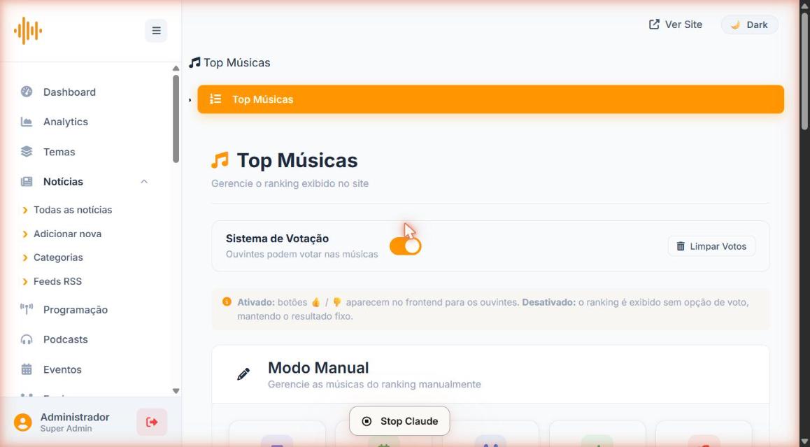 Painel Top Músicas com toggle do Sistema de Votação