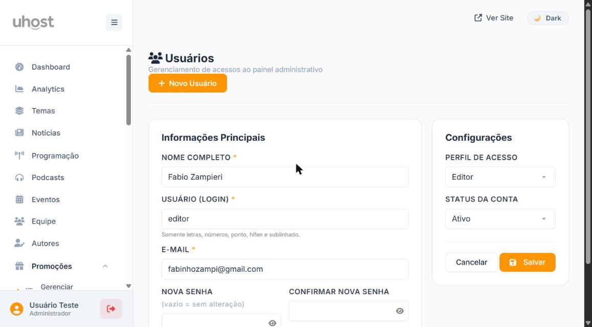 Tela de edição de usuário com campos de nova senha e confirmar nova senha