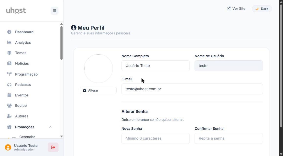 Tela Meu Perfil com campos de nome completo, e-mail e alteração de senha