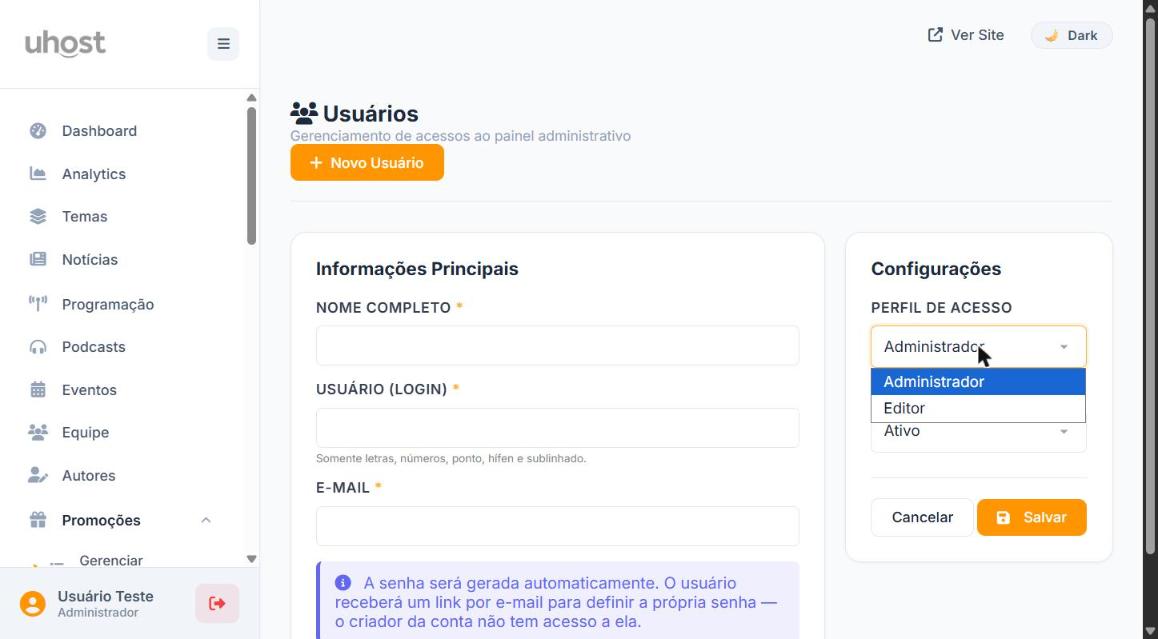 Dropdown de seleção de Perfil de Acesso com as opções Administrador e Editor
