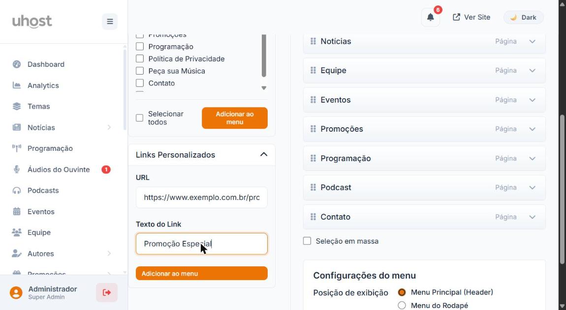 Exemplo de Link Personalizado preenchido com URL e Texto do Link