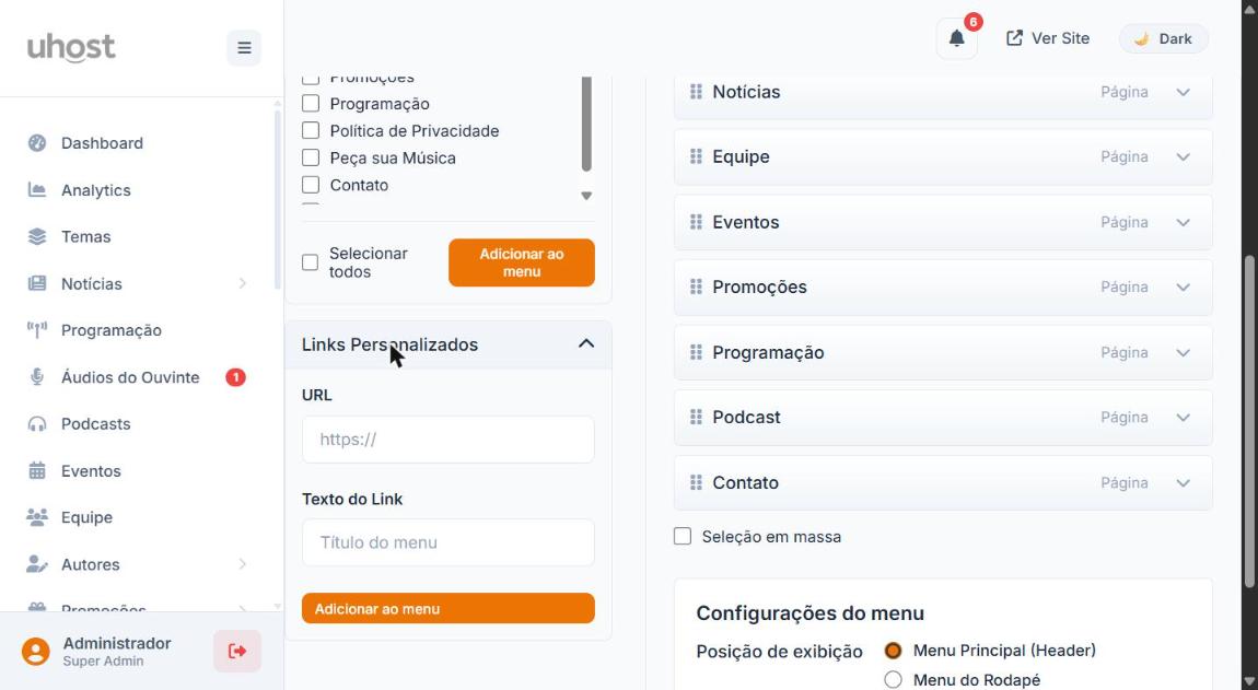 Painel Links Personalizados com os campos URL e Texto do Link