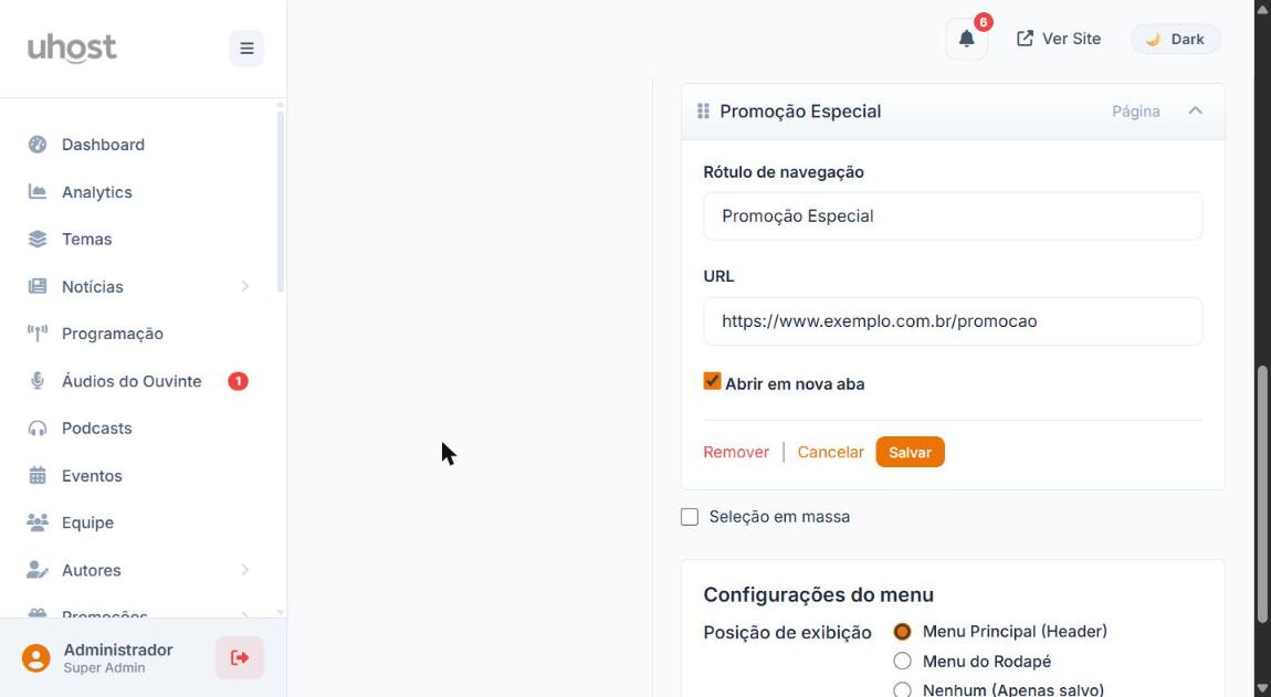 Item de link personalizado expandido com a opção Abrir em nova aba marcada